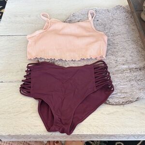 Women's Pink Ribbed Crop Top and Maroon High-Waisted Bikini Bottoms Hollister